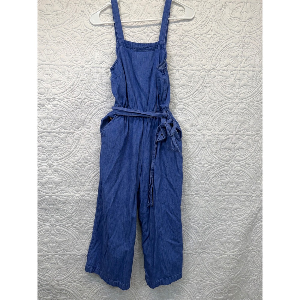Old Navy Womens XS Blue Chambray Cotton Wide Leg Belted Cropped Jumpsuit Pocket